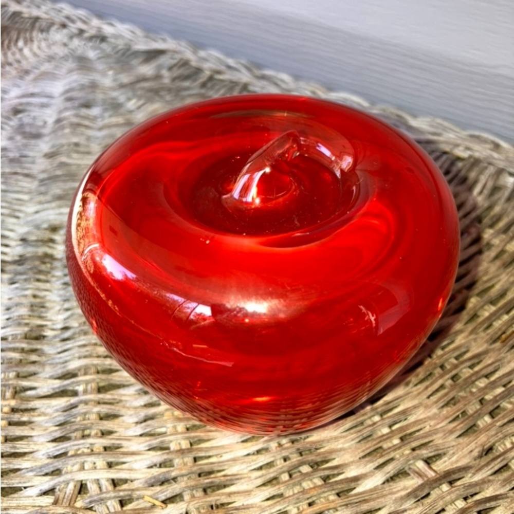 Vintage Blenko Glass Co. Red Glass Art Hand Blown Apple Paperweight.